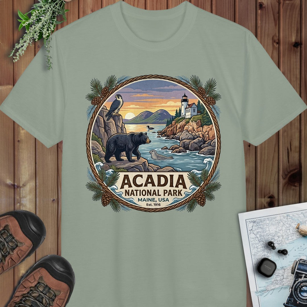Acadia National Park Emblem Performance T-Shirt in Sage