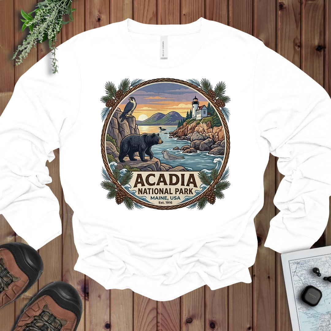 Acadia National Park Emblem Long Sleeve T-Shirt in White