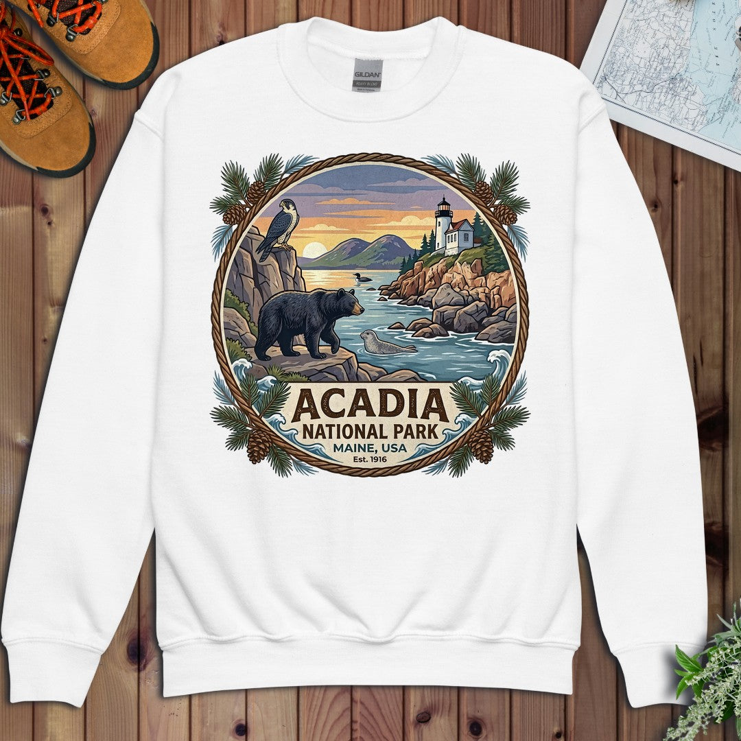 Acadia National Park Emblem Youth Sweatshirt in White