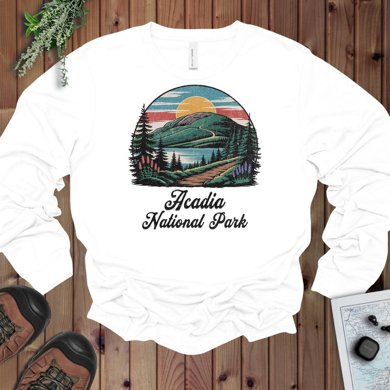 Acadia National Park Hiking Long Sleeve T-Shirt in White