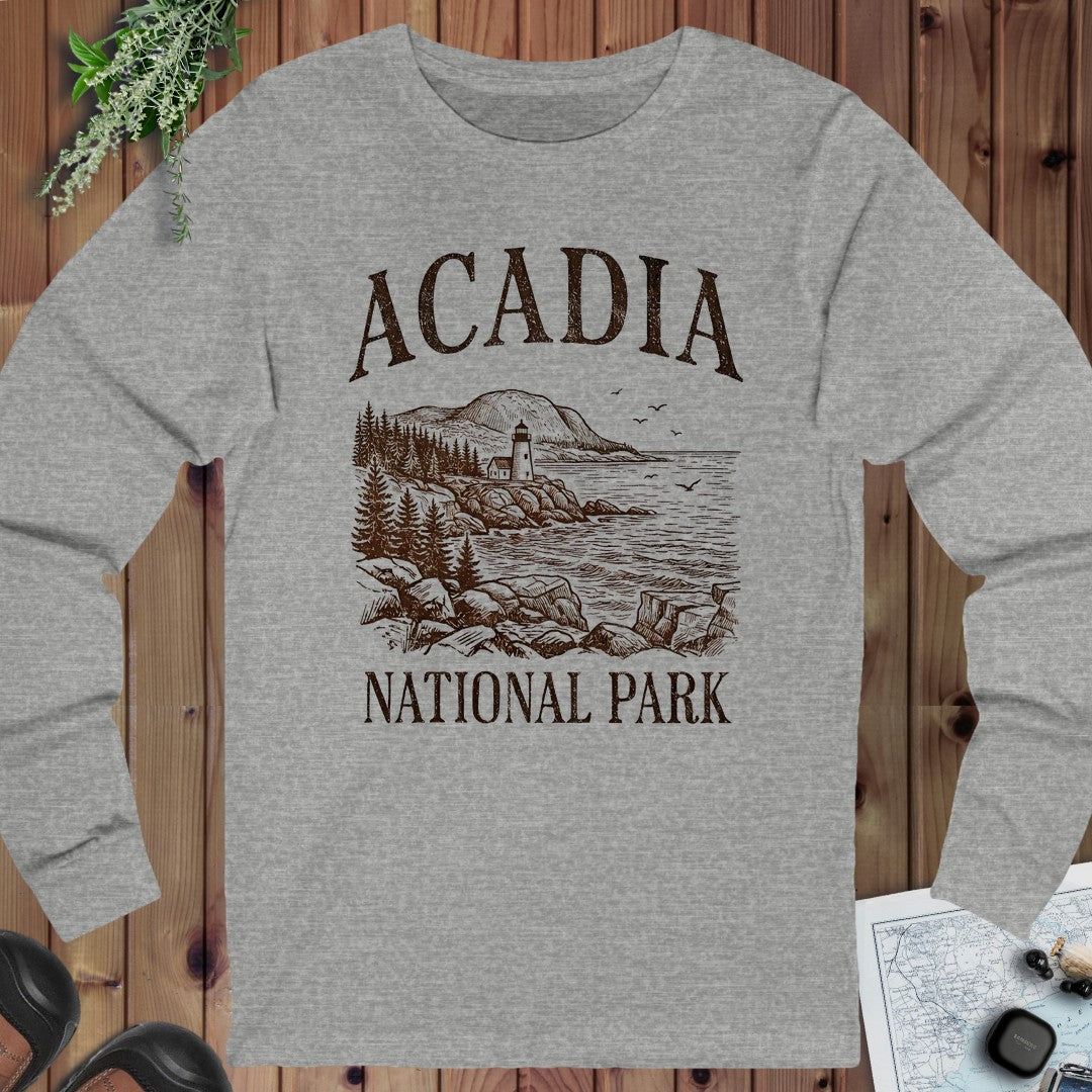 Acadia National Park Rustic Graphic Long Sleeve T-Shirt in Athletic Heather