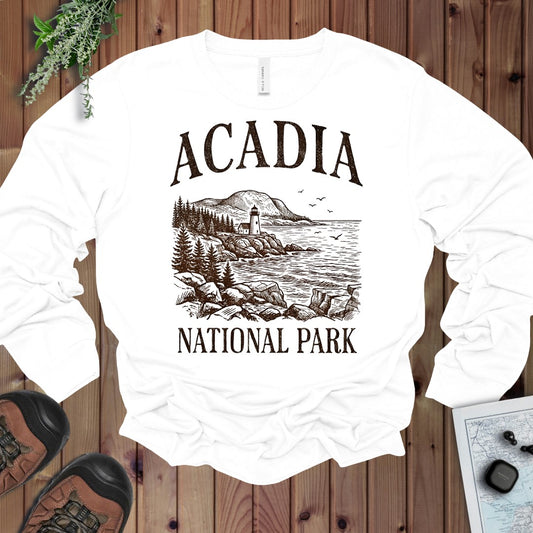 Acadia National Park Rustic Graphic Long Sleeve T-Shirt in White