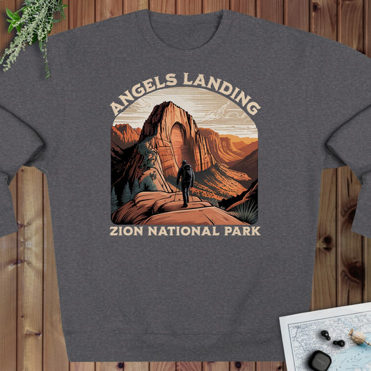 Angels Landing Zion National Park Crewneck Sweatshirt in Charcoal Heather