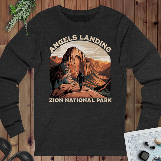 Angels Landing Zion National Park Long Sleeve T-Shirt in Dark Grey Heather