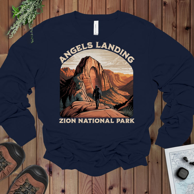 Angels Landing Zion National Park Long Sleeve T-Shirt in Navy