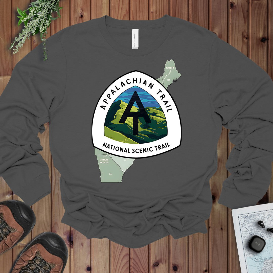 Appalachian Trail Logo Emblem Mountain Camp Hike Long Sleeve T-Shirt in Asphalt