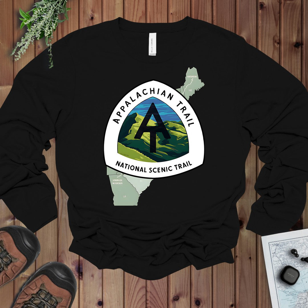 Appalachian Trail Logo Emblem Mountain Camp Hike Long Sleeve T-Shirt in Black