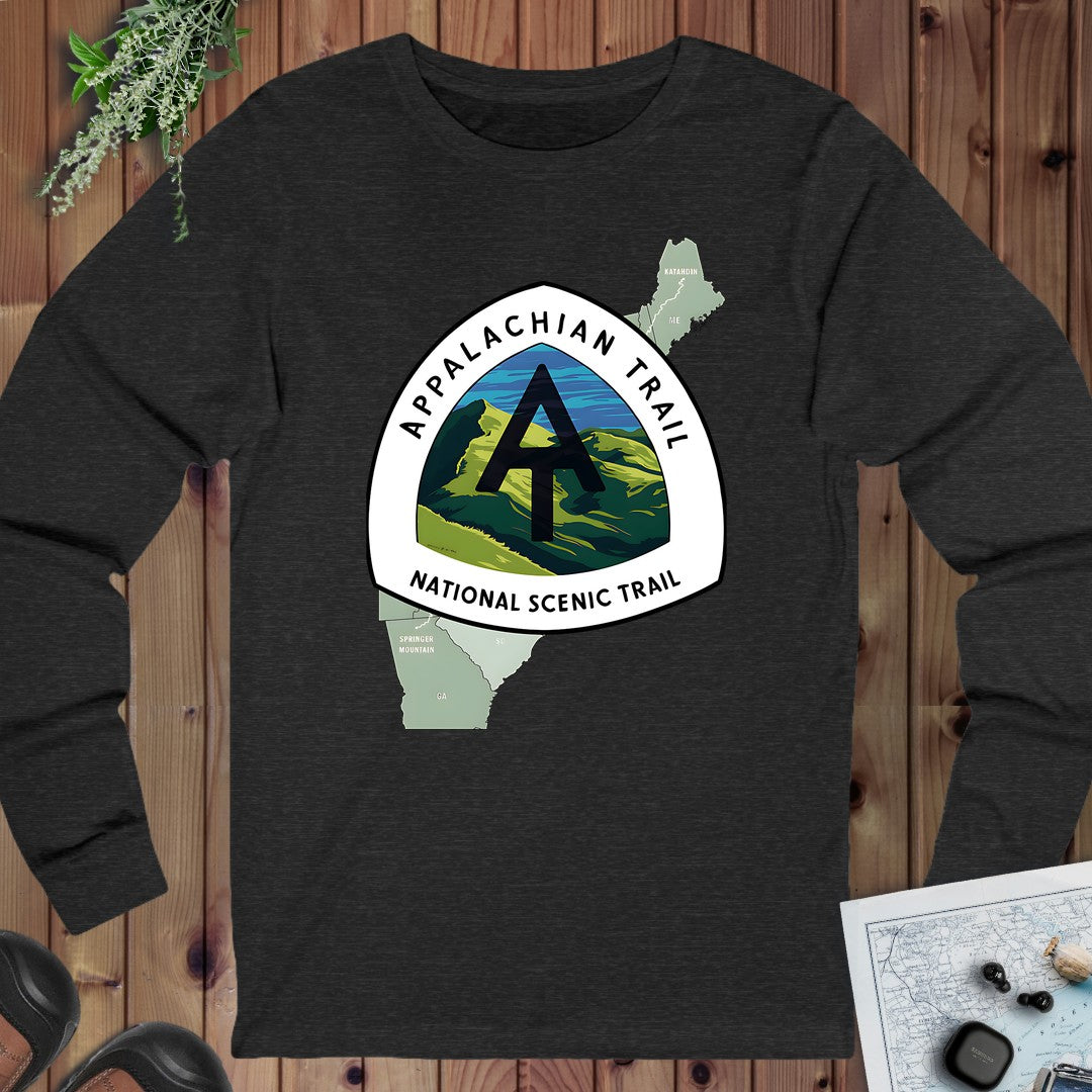 Appalachian Trail Logo Emblem Mountain Camp Hike Long Sleeve T-Shirt in Dark Grey Heather