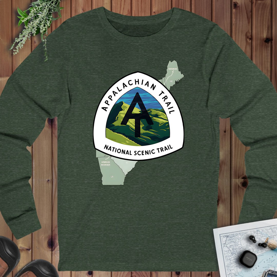 Appalachian Trail Logo Emblem Mountain Camp Hike Long Sleeve T-Shirt in Heather Forest