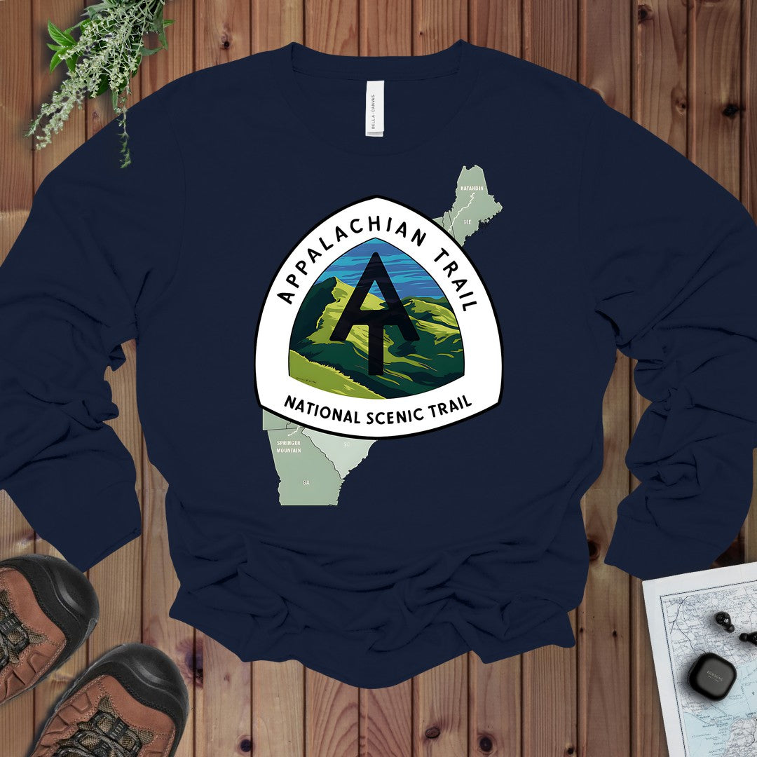 Appalachian Trail Logo Emblem Mountain Camp Hike Long Sleeve T-Shirt in Navy