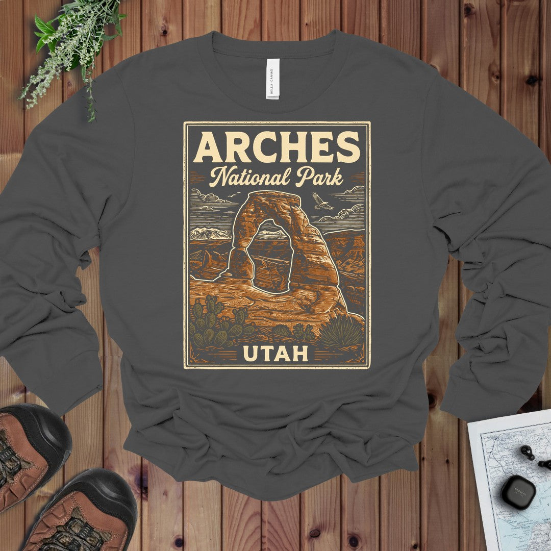 Arches National Park Poster Graphic T Shirt Long Sleeve T-Shirt in Asphalt