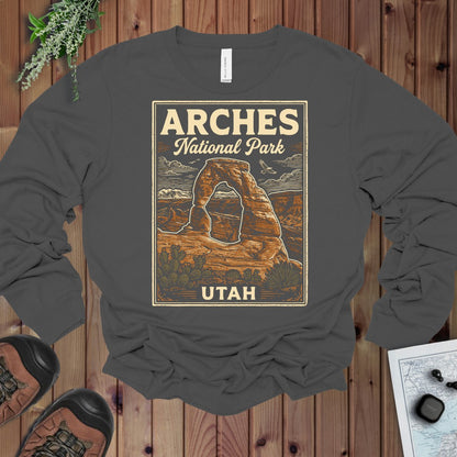 Arches National Park Poster Graphic T Shirt Long Sleeve T-Shirt in Asphalt
