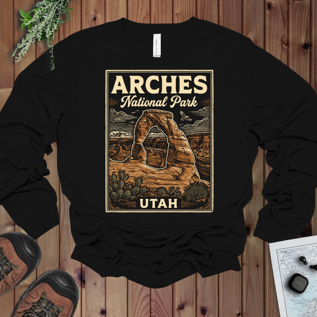 Arches National Park Poster Graphic T Shirt Long Sleeve T-Shirt in Black