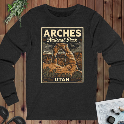 Arches National Park Poster Graphic T Shirt Long Sleeve T-Shirt in Dark Grey Heather