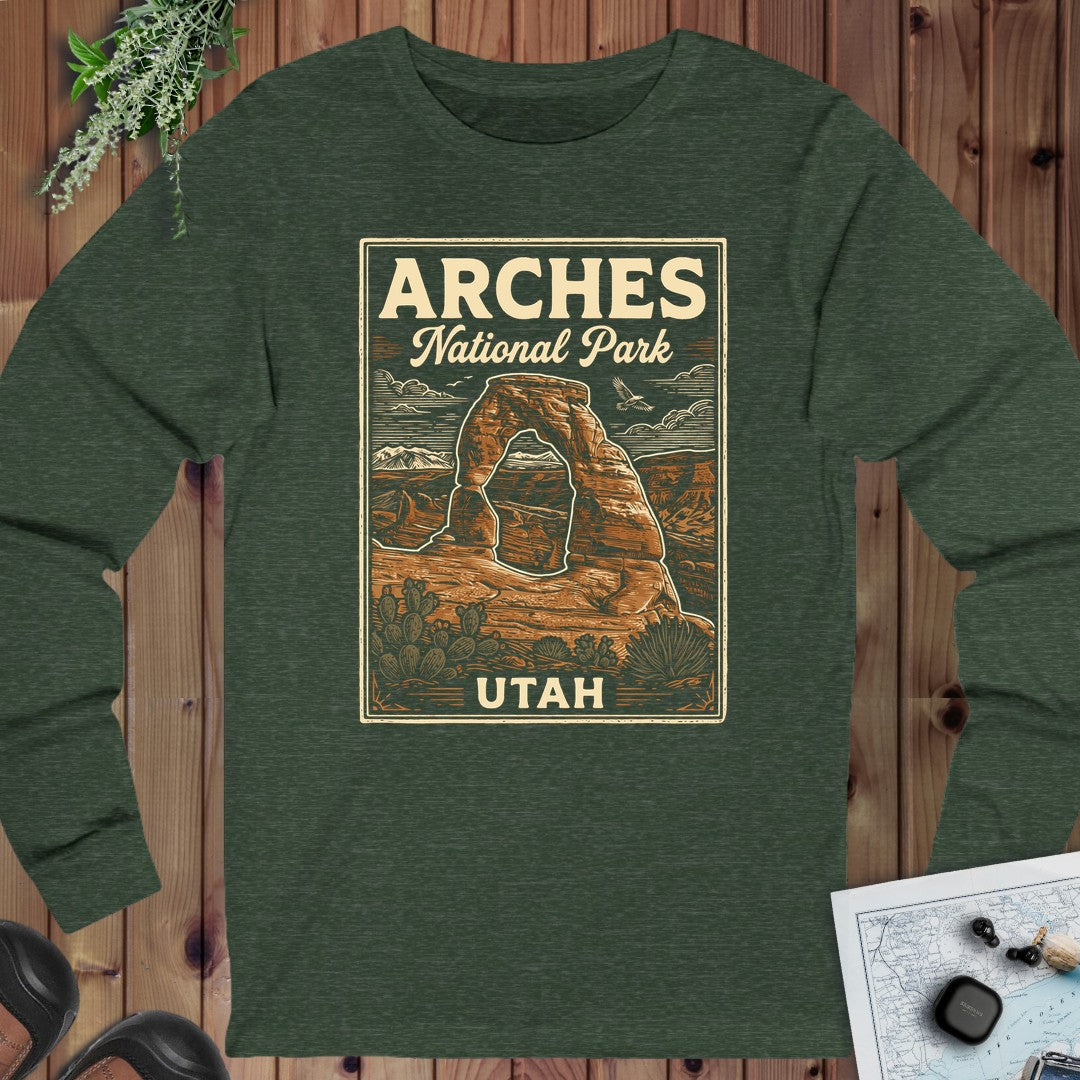 Arches National Park Poster Graphic T Shirt Long Sleeve T-Shirt in Heather Forest