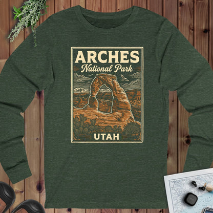 Arches National Park Poster Graphic T Shirt Long Sleeve T-Shirt in Heather Forest