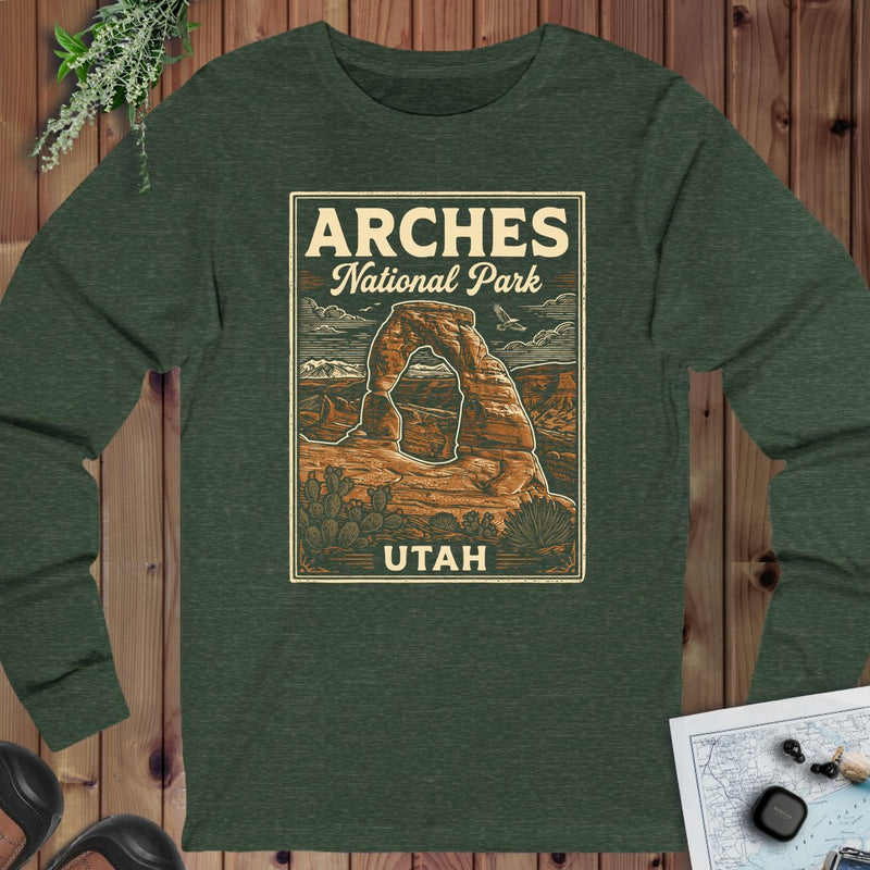 Arches National Park Poster Graphic T Shirt Long Sleeve T-Shirt in Heather Forest
