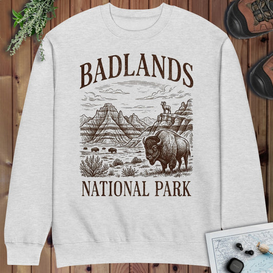 Badlands National Park Crewneck Sweatshirt Rustic Graphic Crewneck Sweatshirt in Heather Grey