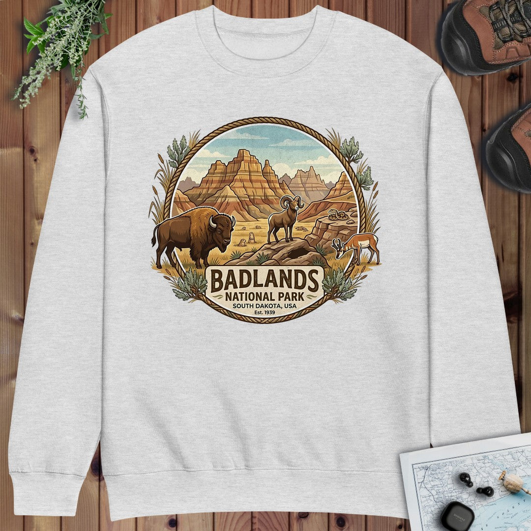 Badlands National Park Emblem Crewneck Sweatshirt in Heather Grey