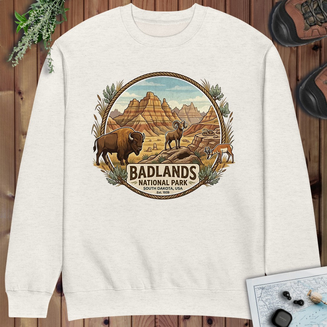 Badlands National Park Emblem Crewneck Sweatshirt in Oatmeal Heather