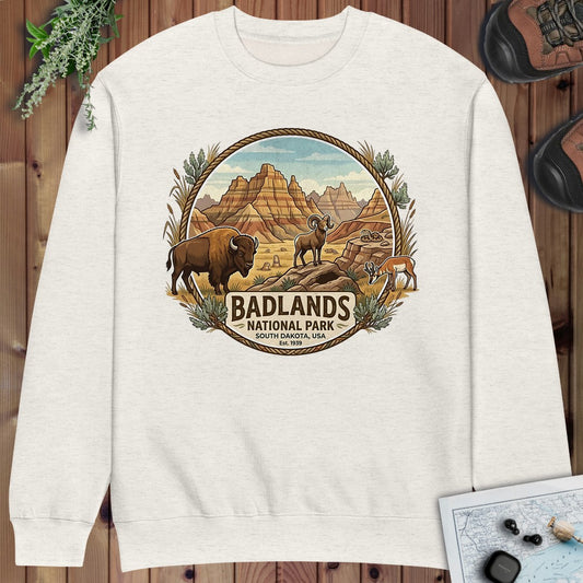Badlands National Park Emblem Crewneck Sweatshirt in Oatmeal Heather