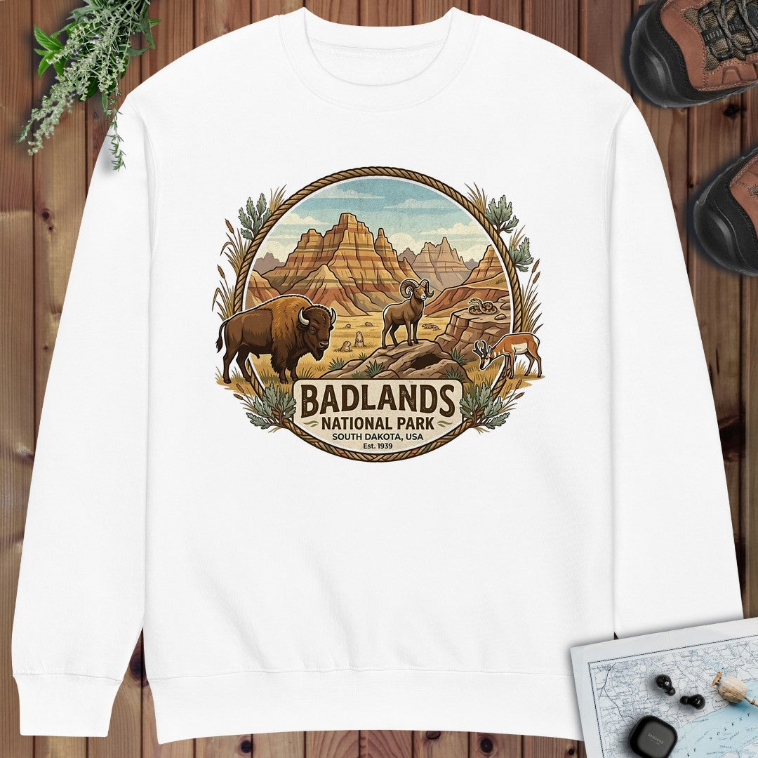 Badlands National Park Emblem Crewneck Sweatshirt in White