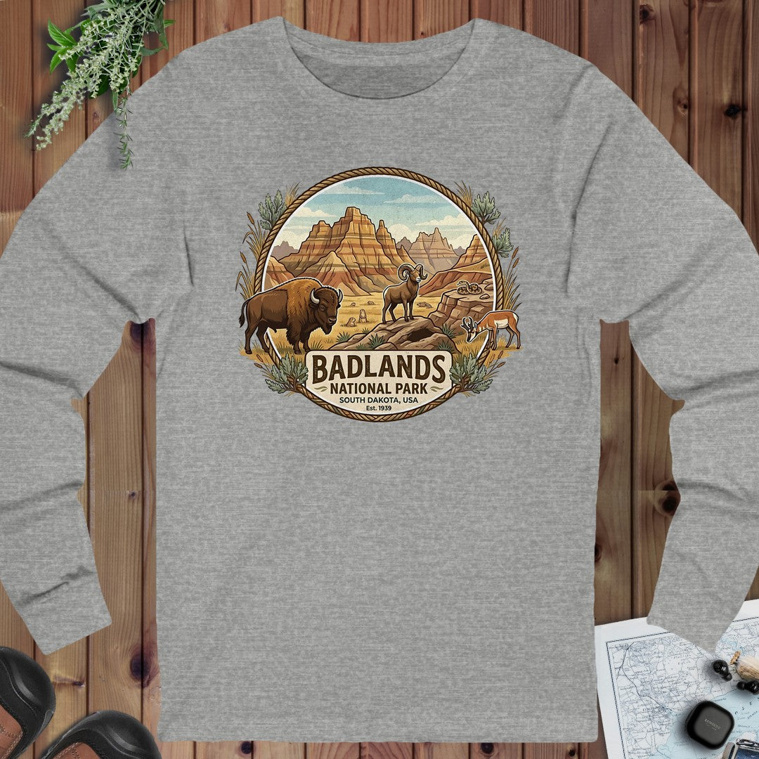 Badlands National Park Emblem Long Sleeve T-Shirt in Athletic Heather