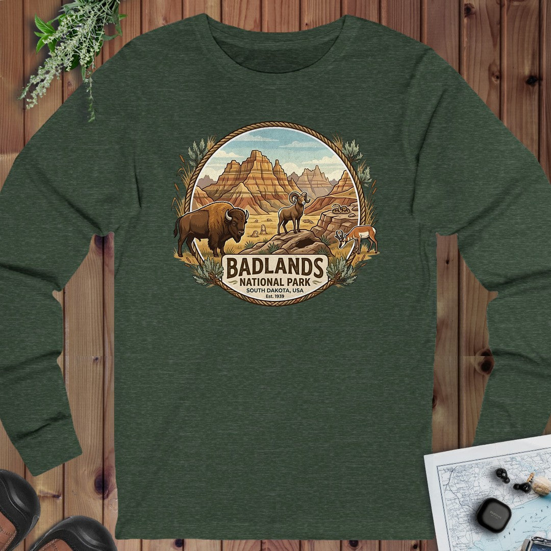 Badlands National Park Emblem Long Sleeve T-Shirt in Heather Forest