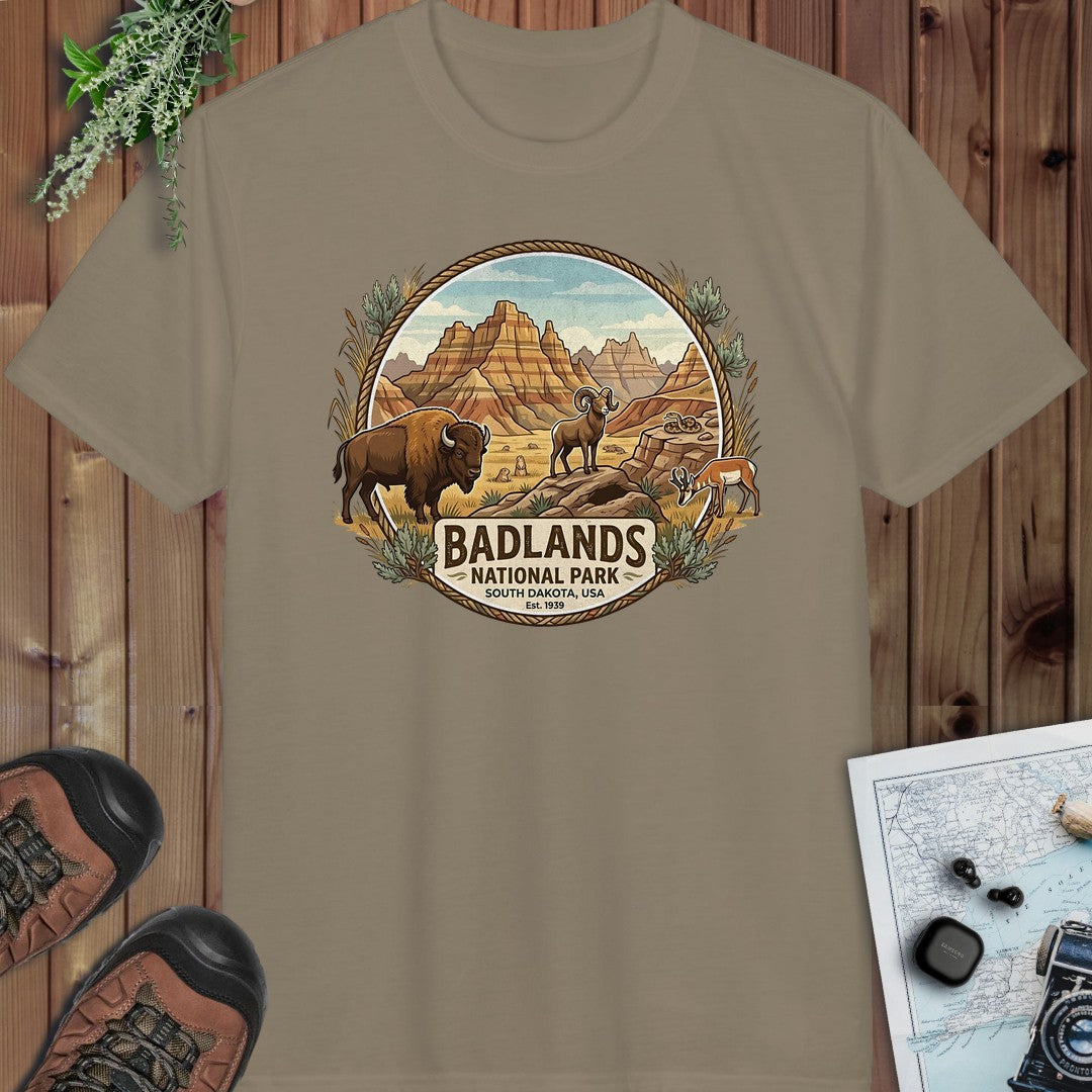 Badlands National Park Emblem Performance T-Shirt in Prairie Dust