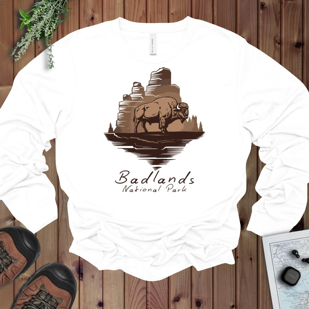 Badlands National Park Roaming Buffalo Long Sleeve T-Shirt in White