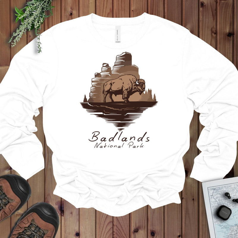 Badlands National Park Roaming Buffalo Long Sleeve T-Shirt in White