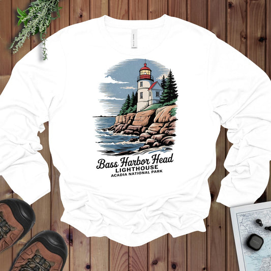 Bass Harbor Head Lighthouse Acadia Long Sleeve T-Shirt in White