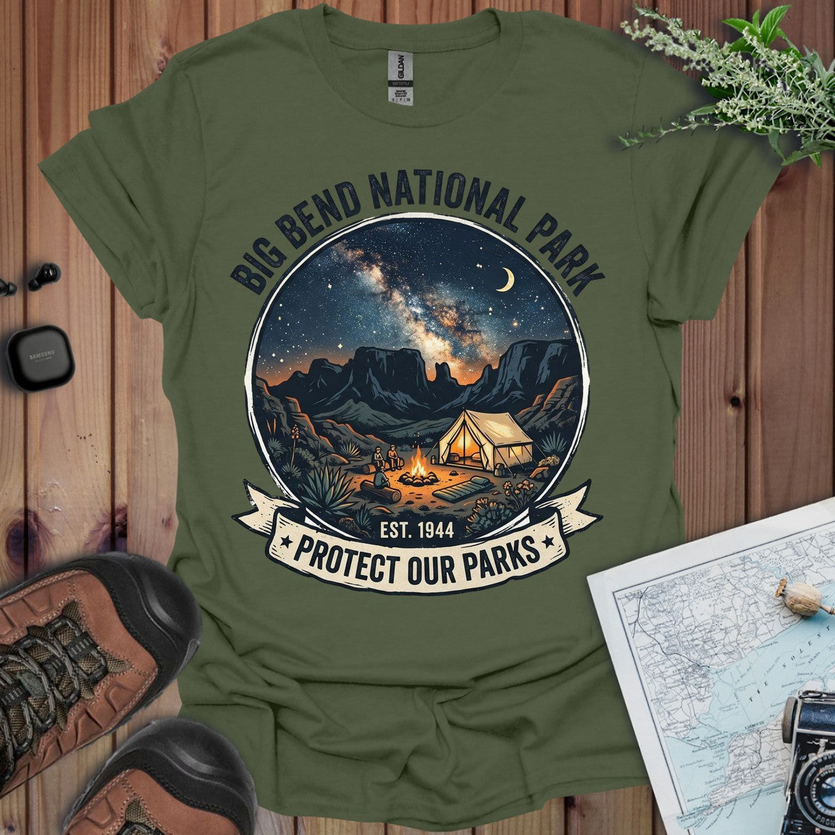 Big Bend National Park Protect Our Parks Campsite Graphic T-shirt in Military Green