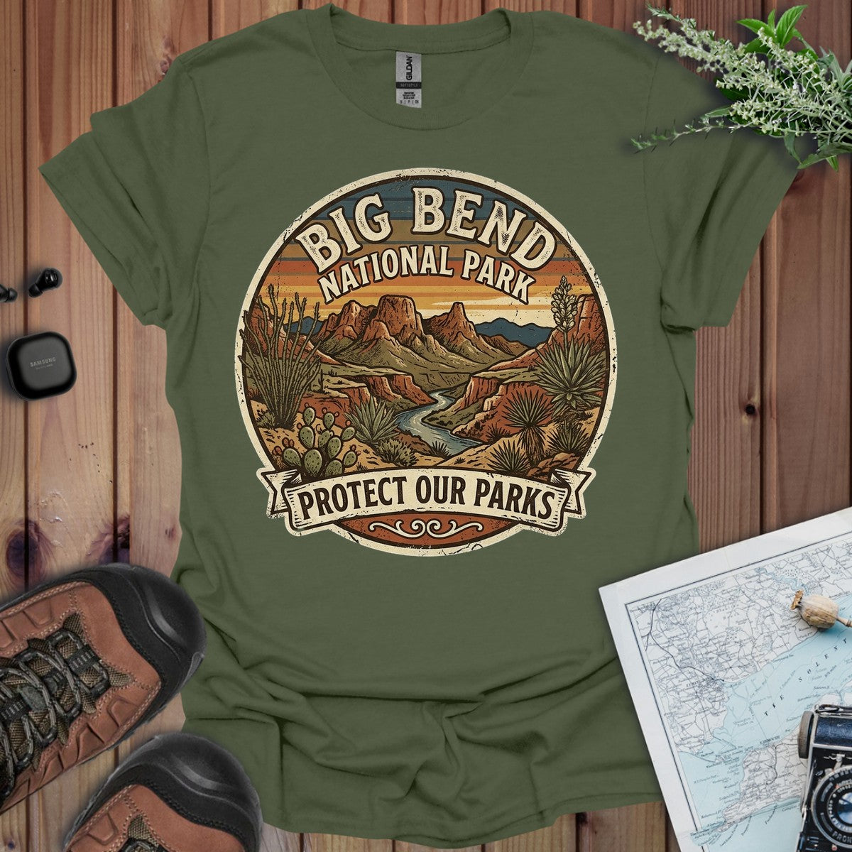 Big Bend National Park Protect Our Parks Vintage Graphic T-shirt in Military Green