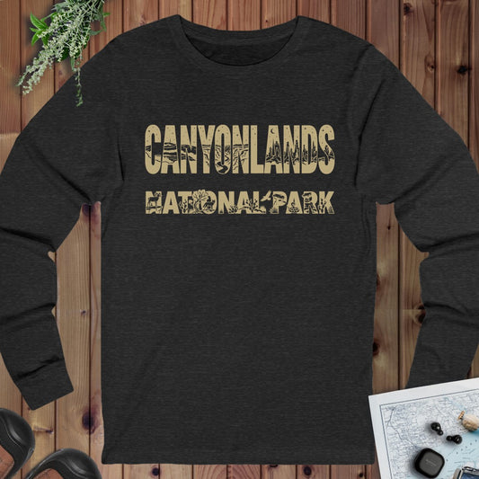 Canyonlands Mesa Arch National Park Topo Tee Long Sleeve T-Shirt in Dark Grey Heather