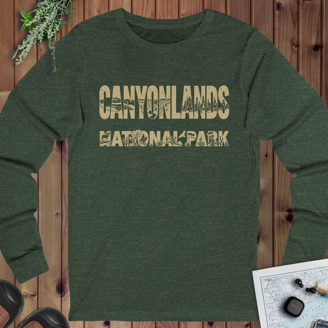 Canyonlands Mesa Arch National Park Topo Tee Long Sleeve T-Shirt in Heather Forest