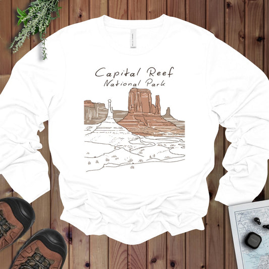 Capitol Reef National Park Unisex Line Art Long Sleeve T-Shirt in White