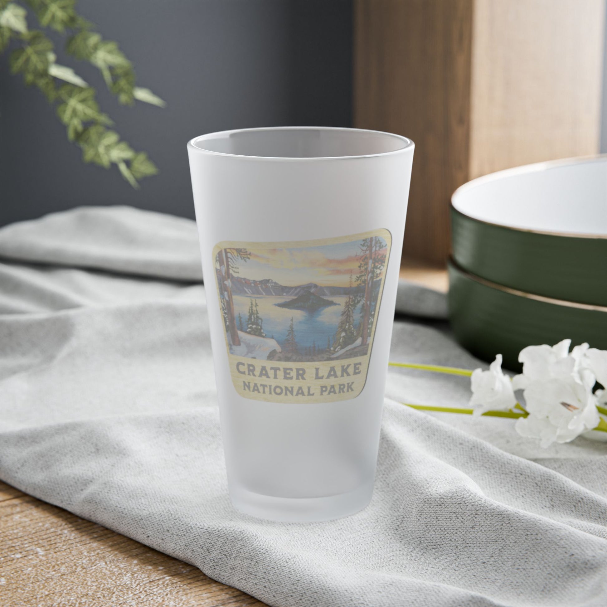 Crater Lake National Park Frosted Pint Glass Scenic Sign Frosted pint teelaunch