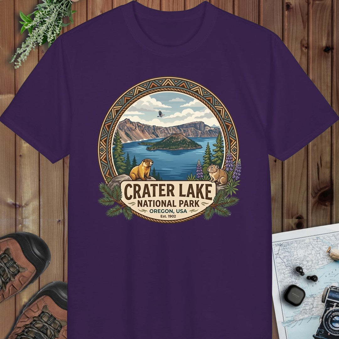 Crater Lake National Park Emblem Performance T-Shirt in Purple