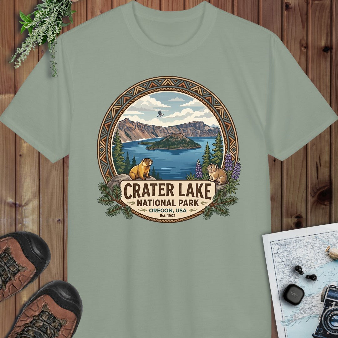 Crater Lake National Park Emblem Performance T-Shirt in Sage