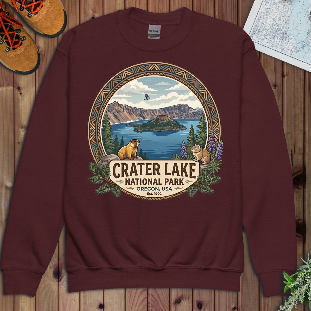 Crater Lake National Park Emblem Youth Sweatshirt in Maroon