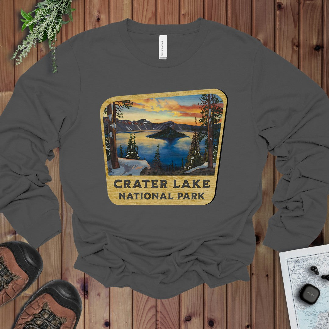 Crater Lake National Park Wood Sign Long Sleeve T-Shirt in Asphalt