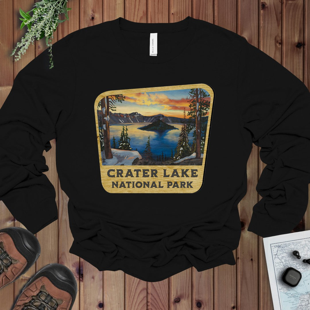 Crater Lake National Park Wood Sign Long Sleeve T-Shirt in Black