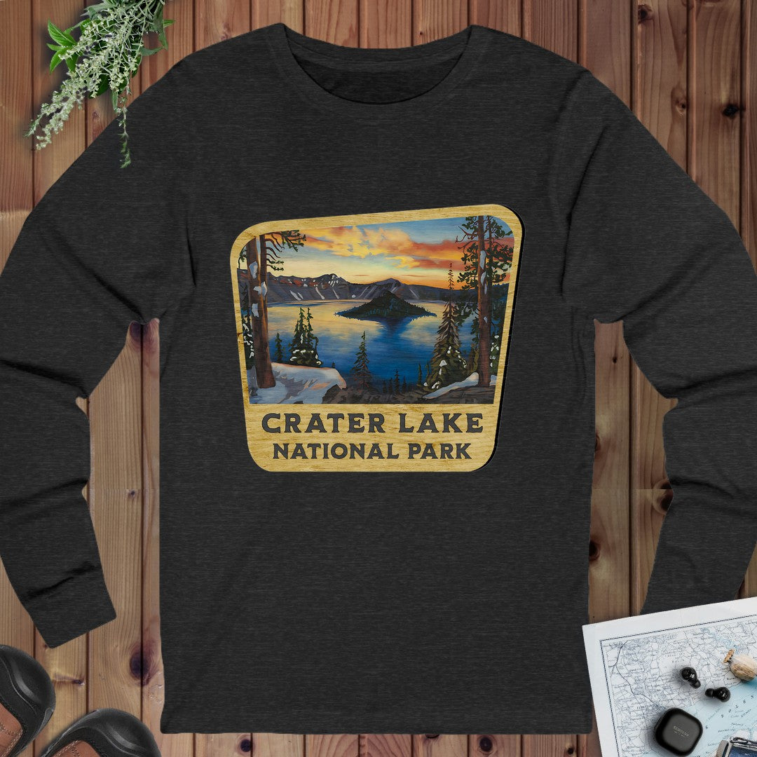 Crater Lake National Park Wood Sign Long Sleeve T-Shirt in Dark Grey Heather