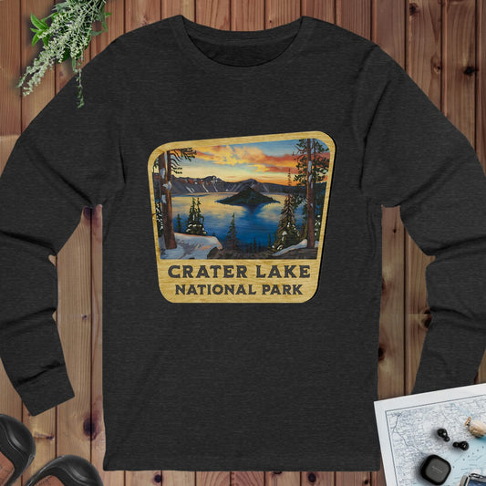 Crater Lake National Park Wood Sign Long Sleeve T-Shirt in Dark Grey Heather
