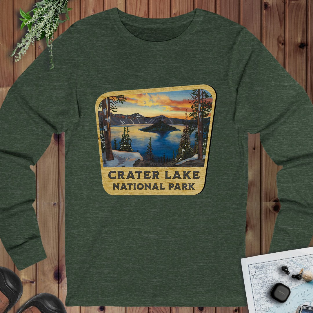 Crater Lake National Park Wood Sign Long Sleeve T-Shirt in Heather Forest