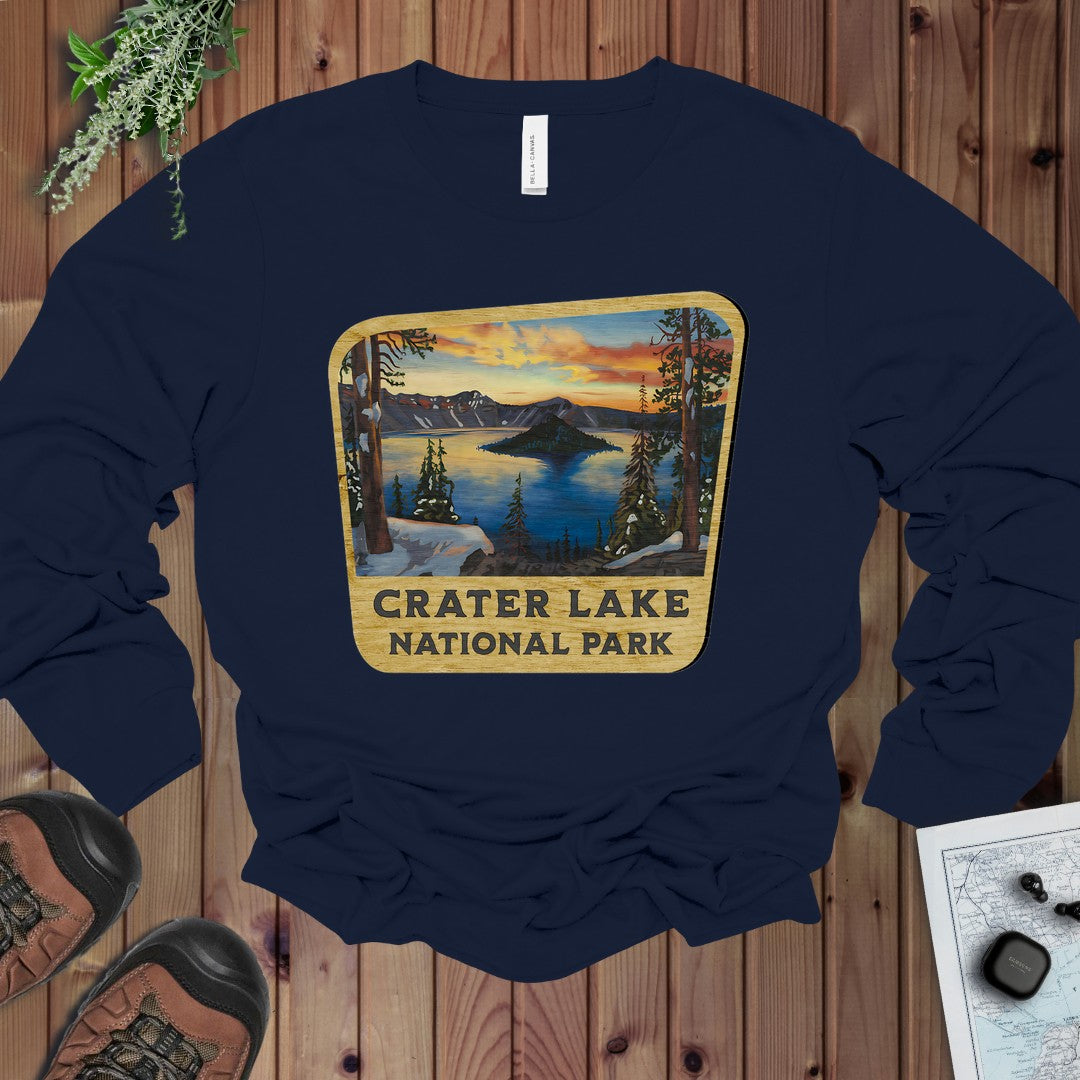 Crater Lake National Park Wood Sign Long Sleeve T-Shirt in Navy
