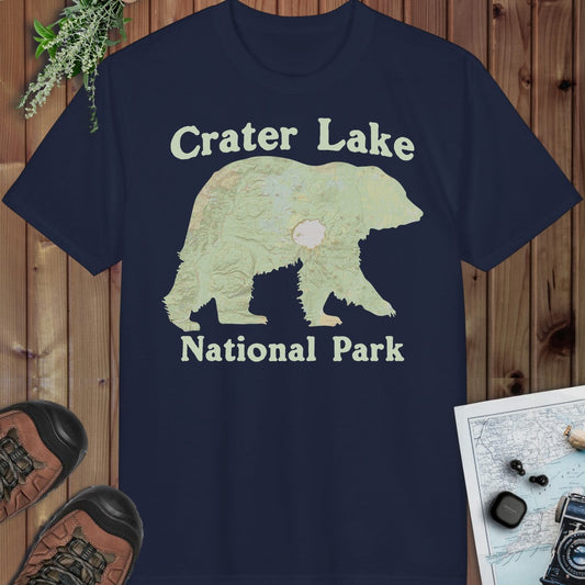 Crater Lake Topographic Bear Map National Park  Fit Soft Performance T-Shirt in Navy