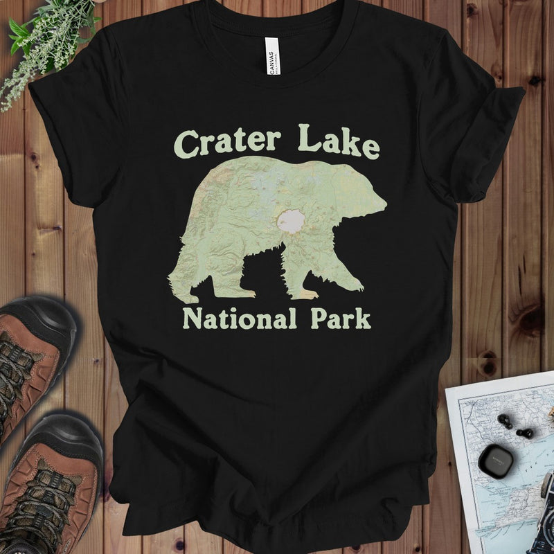 Crater Lake Topographic Bear Map National Park Unisex Fit Soft Kids Graphic T-Shirt in Black