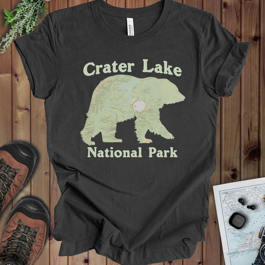 Crater Lake Topographic Bear Map National Park Unisex Fit Soft Kids Graphic T-Shirt in Dark Grey Heather